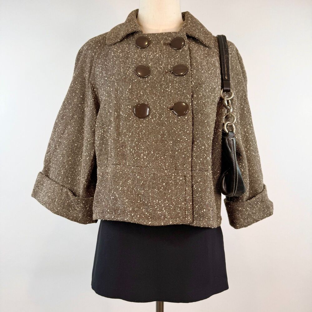 Vintage Brown Cropped Boxy Double Breasted Peacoat 3/4 Sleeves Boho Lagenlook M